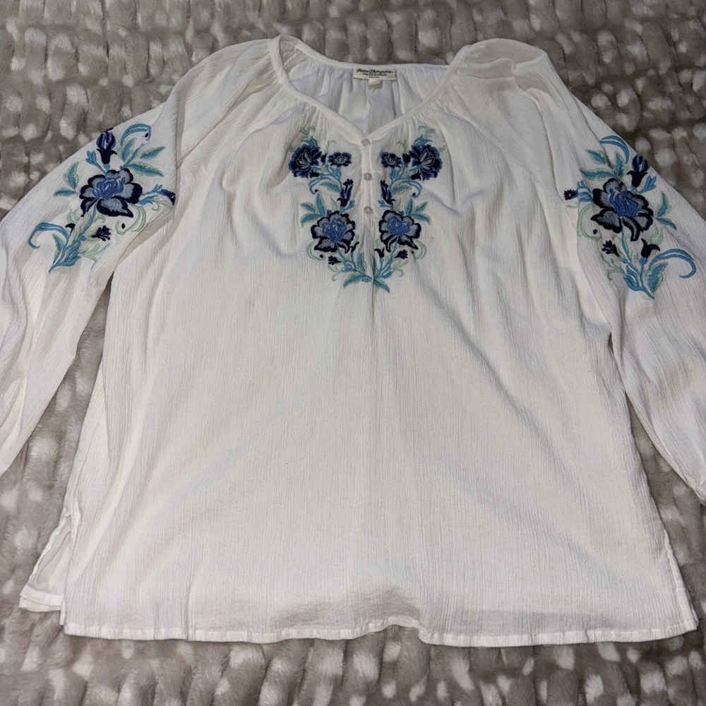 Norm Thompson Embroidered White Cotton Shirt XL Boho Gypsy Hippie